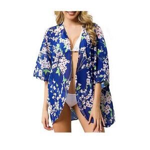NEW‎ Olrain Blue Floral Batwing Kimono Swim Coverup Women's Size Small Beach